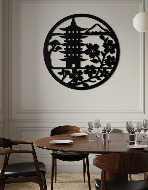 Load image into Gallery viewer, Japanese Pagoda and Sakura Flowers Metal Wall Art – Zen Garden Decor- KAF570