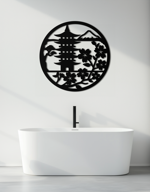 Load image into Gallery viewer, Japanese Pagoda and Sakura Flowers Metal Wall Art – Zen Garden Decor- KAF570