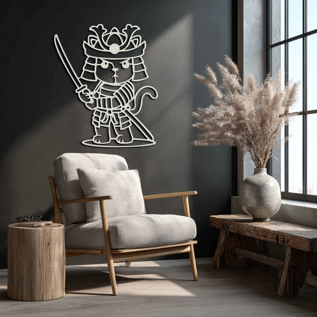 Samurai Cat Warrior Metal Wall Art – Cute Japanese Katana Decor- KAF576