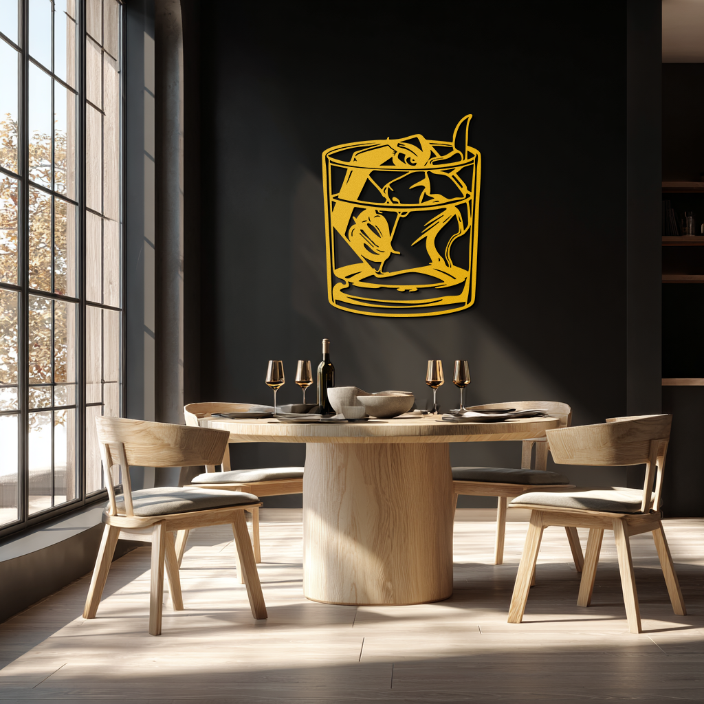 Woman in Whiskey Glass Metal Wall Art – Ice Cube Design Bar Decor for Modern Interiors- KAF578