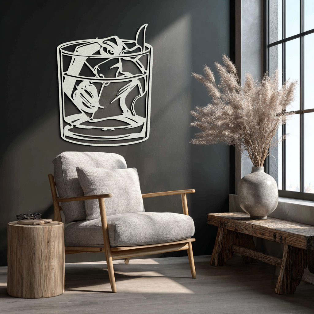 Woman in Whiskey Glass Metal Wall Art – Ice Cube Design Bar Decor for Modern Interiors- KAF578