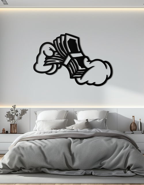 Load image into Gallery viewer, Fist Holding Money Stack Metal Wall Art – Bold Dollar Bill Hand Silhouette for Modern Spaces- KAF579