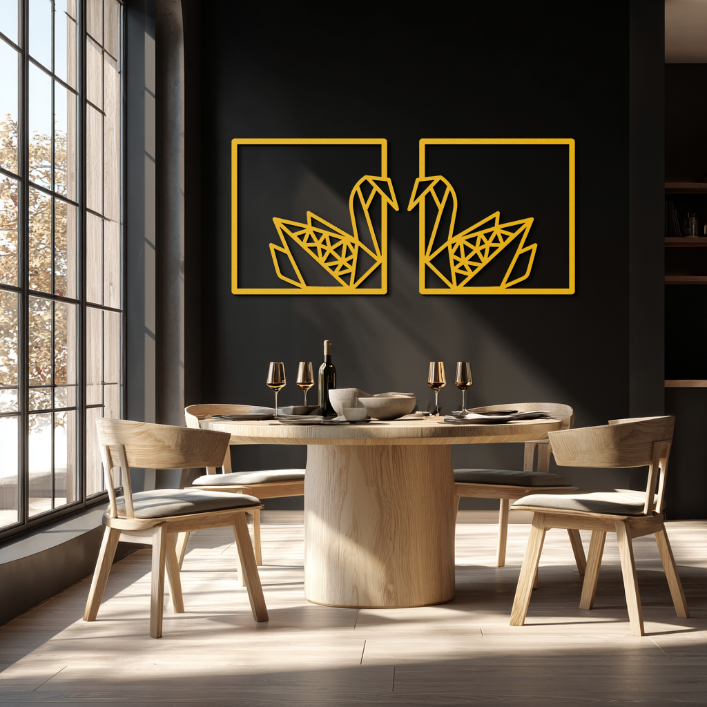 Origami Swan Couple Metal Wall Art – Geometric Mirrored Swan Design for Modern Interiors- KAF581