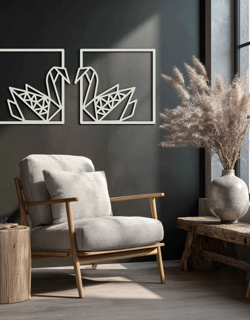 Load image into Gallery viewer, Origami Swan Couple Metal Wall Art – Geometric Mirrored Swan Design for Modern Interiors- KAF581