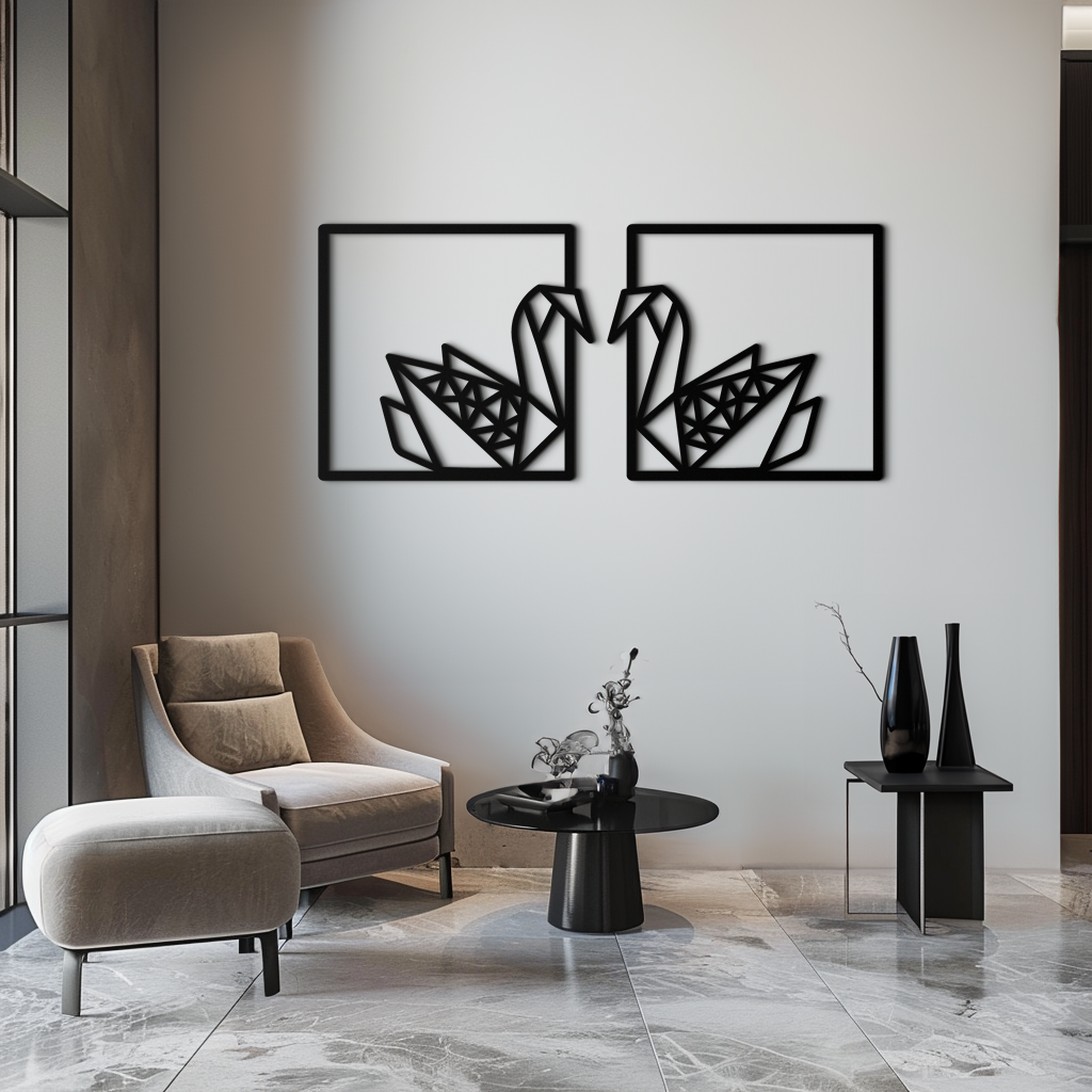 Origami Swan Couple Metal Wall Art – Geometric Mirrored Swan Design for Modern Interiors- KAF581
