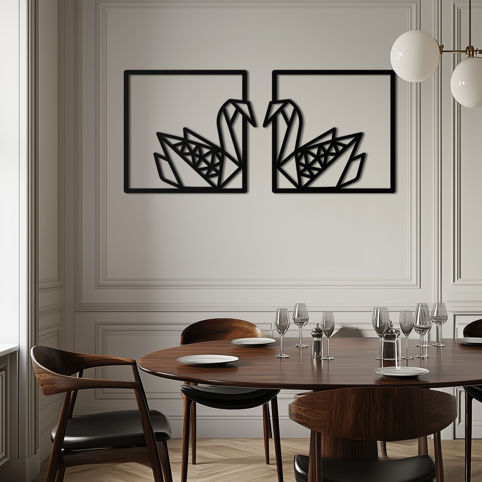Origami Swan Couple Metal Wall Art – Geometric Mirrored Swan Design for Modern Interiors- KAF581