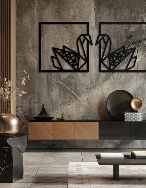 Load image into Gallery viewer, Origami Swan Couple Metal Wall Art – Geometric Mirrored Swan Design for Modern Interiors- KAF581