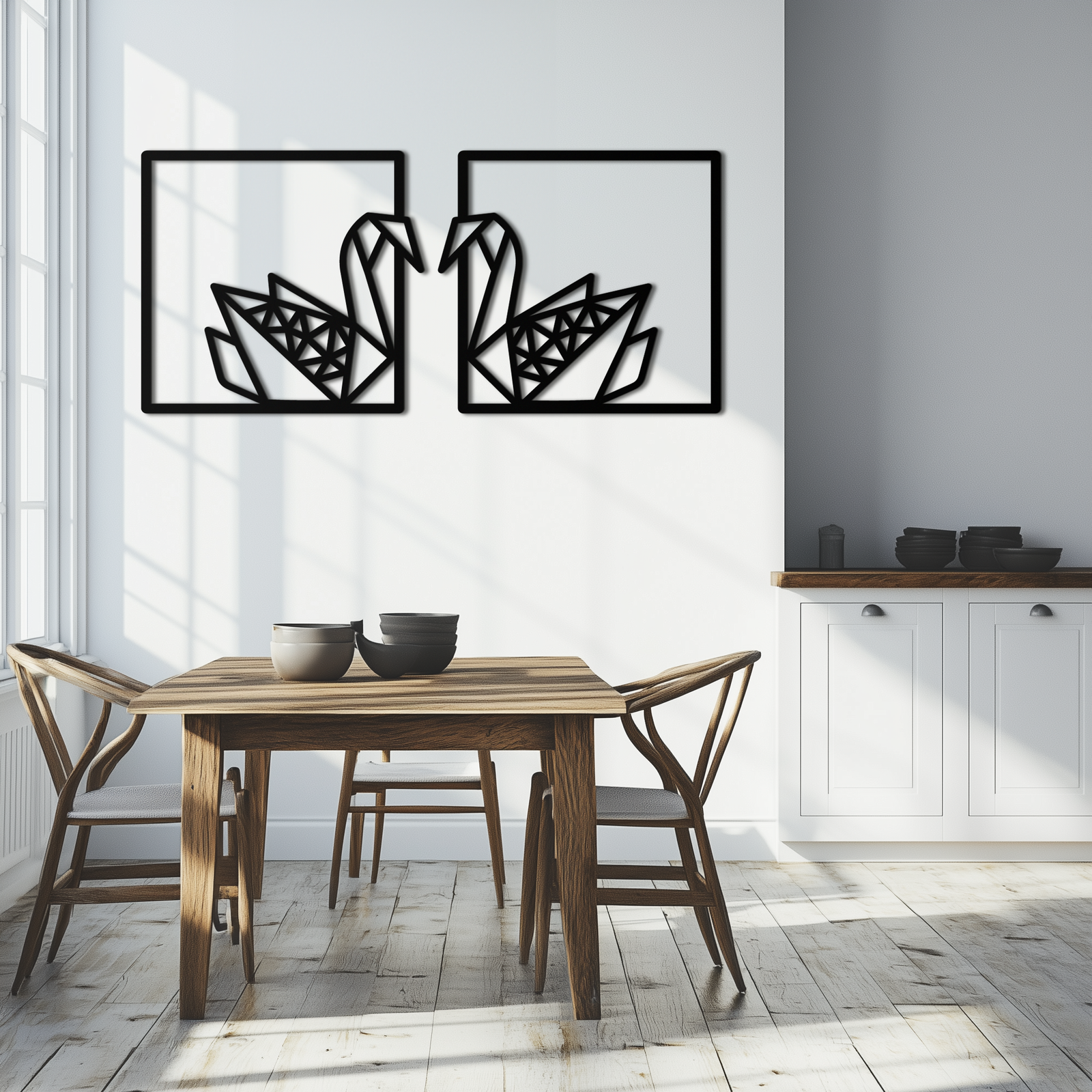 Origami Swan Couple Metal Wall Art – Geometric Mirrored Swan Design for Modern Interiors- KAF581