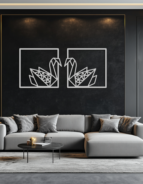 Load image into Gallery viewer, Origami Swan Couple Metal Wall Art – Geometric Mirrored Swan Design for Modern Interiors- KAF581