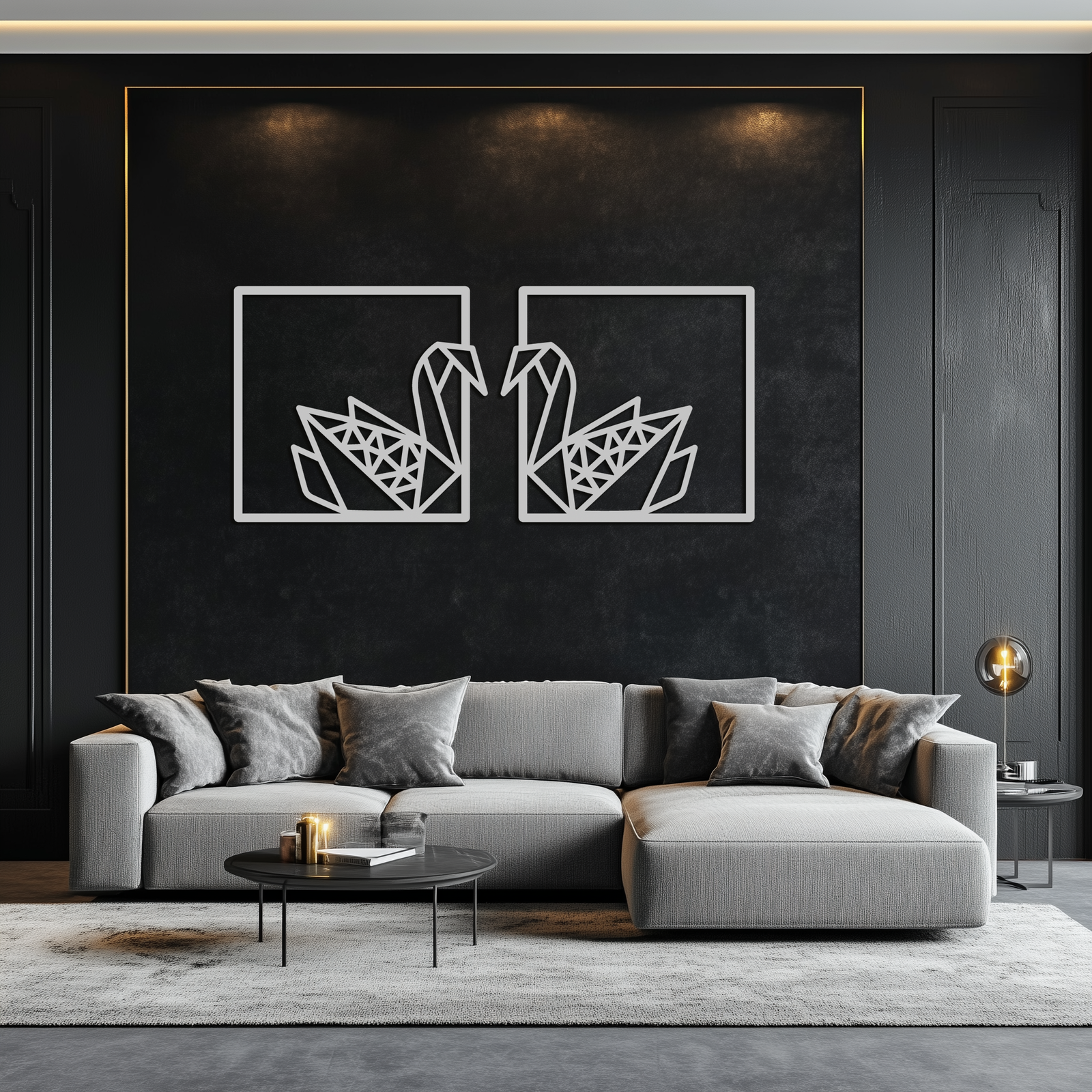 Origami Swan Couple Metal Wall Art – Geometric Mirrored Swan Design for Modern Interiors- KAF581