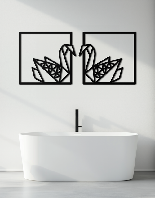 Load image into Gallery viewer, Origami Swan Couple Metal Wall Art – Geometric Mirrored Swan Design for Modern Interiors- KAF581
