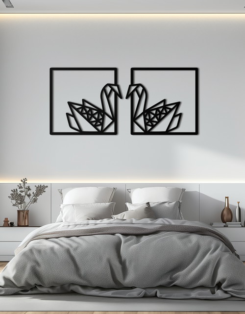 Load image into Gallery viewer, Origami Swan Couple Metal Wall Art – Geometric Mirrored Swan Design for Modern Interiors- KAF581