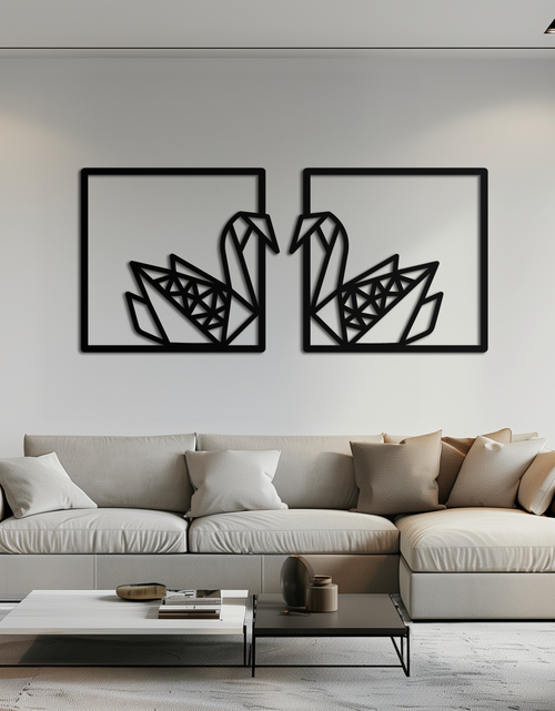 Load image into Gallery viewer, Origami Swan Couple Metal Wall Art – Geometric Mirrored Swan Design for Modern Interiors- KAF581