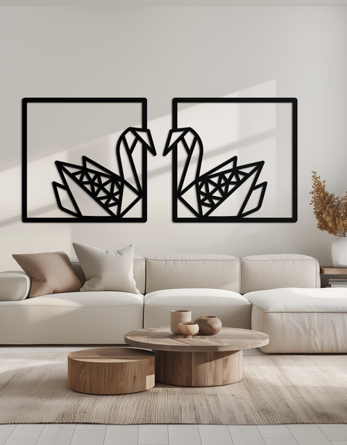 Load image into Gallery viewer, Origami Swan Couple Metal Wall Art – Geometric Mirrored Swan Design for Modern Interiors- KAF581