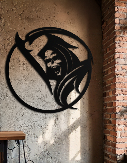 Load image into Gallery viewer, Grim Reaper Circle Metal Wall Art – Dark Gothic Scythe Decor for Horror Enthusiasts- KAF586