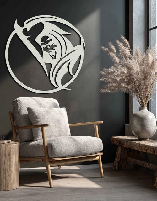 Load image into Gallery viewer, Grim Reaper Circle Metal Wall Art – Dark Gothic Scythe Decor for Horror Enthusiasts- KAF586