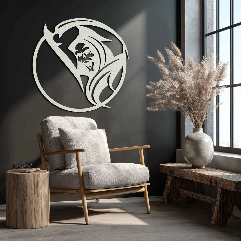 Grim Reaper Circle Metal Wall Art – Dark Gothic Scythe Decor for Horror Enthusiasts- KAF586
