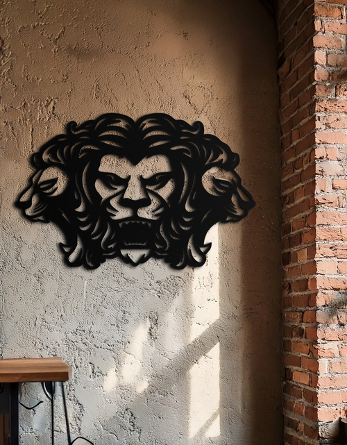 Load image into Gallery viewer, Three-Headed Lion Metal Wall Art – Fierce Tribal Lion Head Wall Decor- KAF589