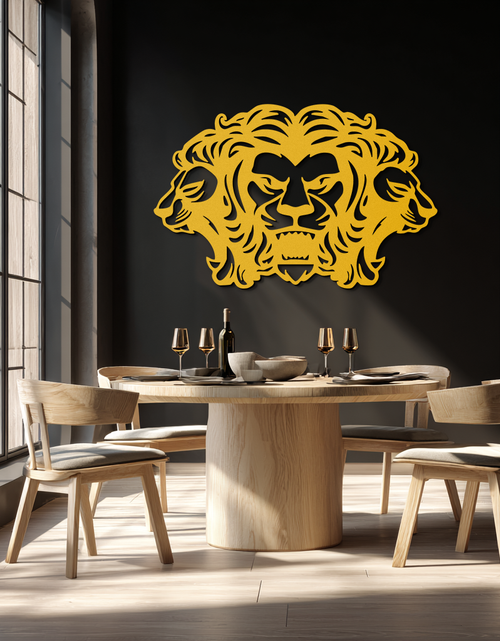 Load image into Gallery viewer, Three-Headed Lion Metal Wall Art – Fierce Tribal Lion Head Wall Decor- KAF589