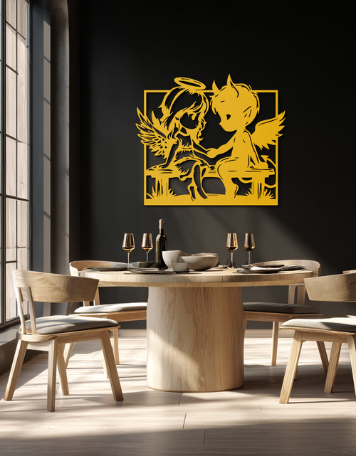 Load image into Gallery viewer, Angel and Devil Holding Hands Metal Wall Art – Whimsical Love Contrast Silhouette- KAF591