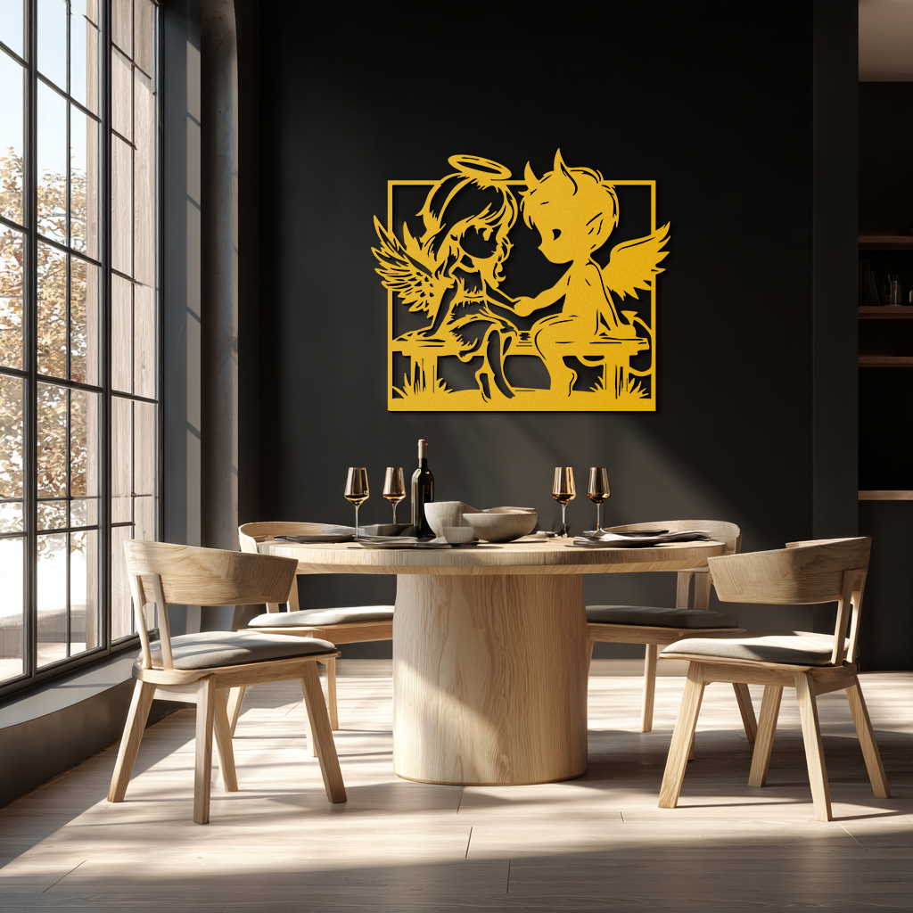 Angel and Devil Holding Hands Metal Wall Art – Whimsical Love Contrast Silhouette- KAF591