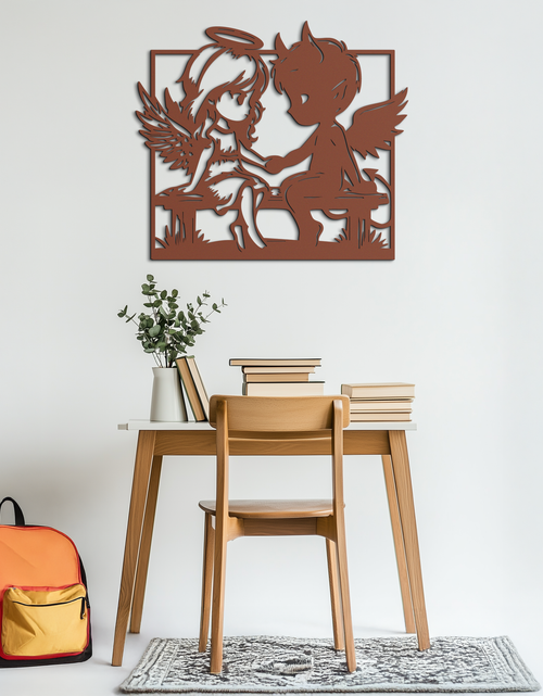 Load image into Gallery viewer, Angel and Devil Holding Hands Metal Wall Art – Whimsical Love Contrast Silhouette- KAF591