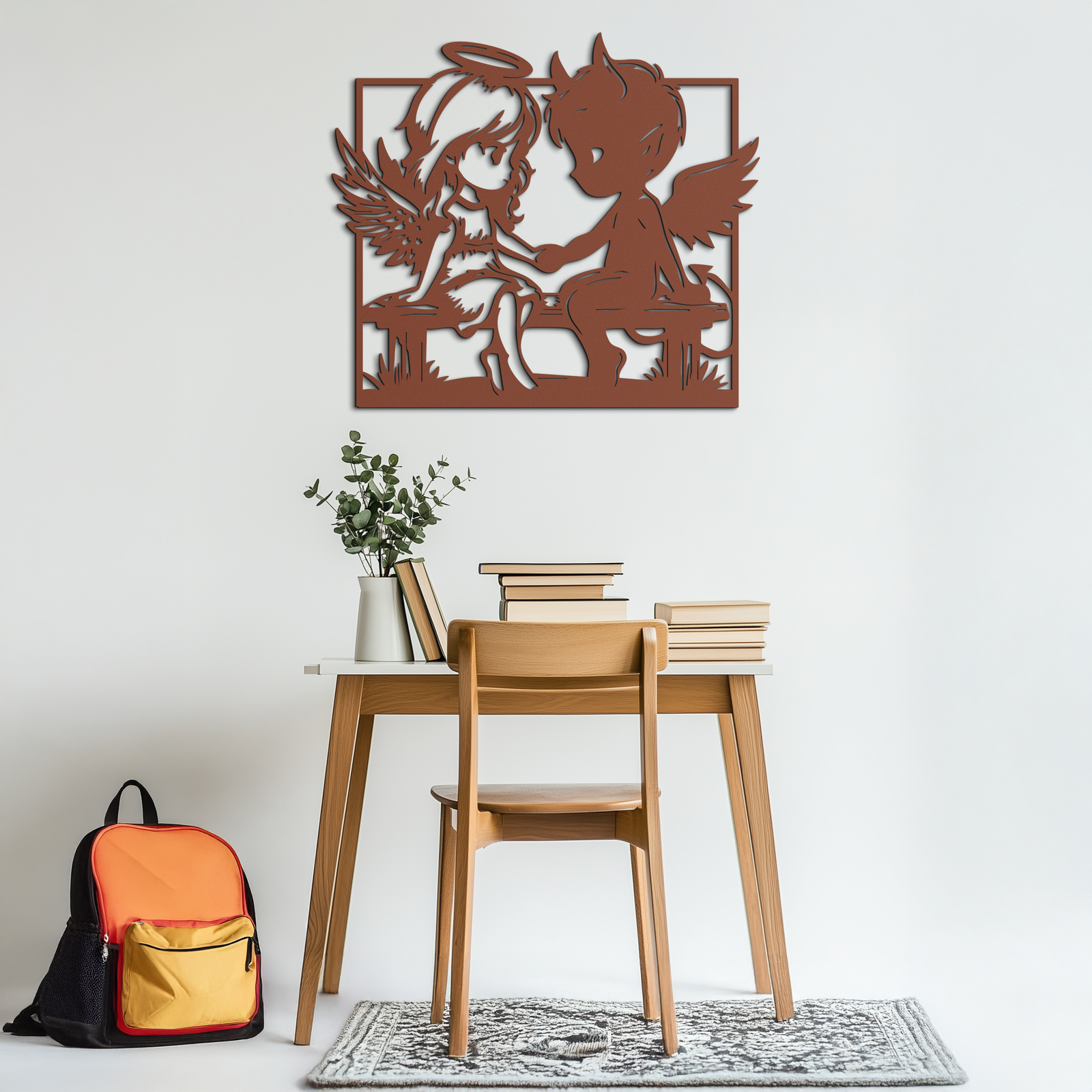 Angel and Devil Holding Hands Metal Wall Art – Whimsical Love Contrast Silhouette- KAF591