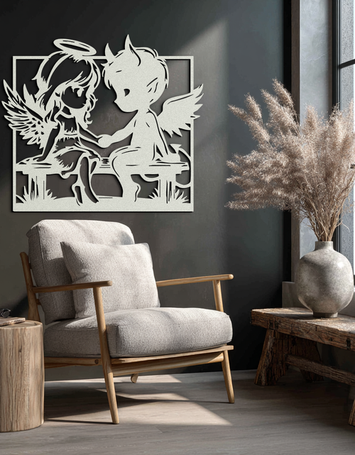 Load image into Gallery viewer, Angel and Devil Holding Hands Metal Wall Art – Whimsical Love Contrast Silhouette- KAF591