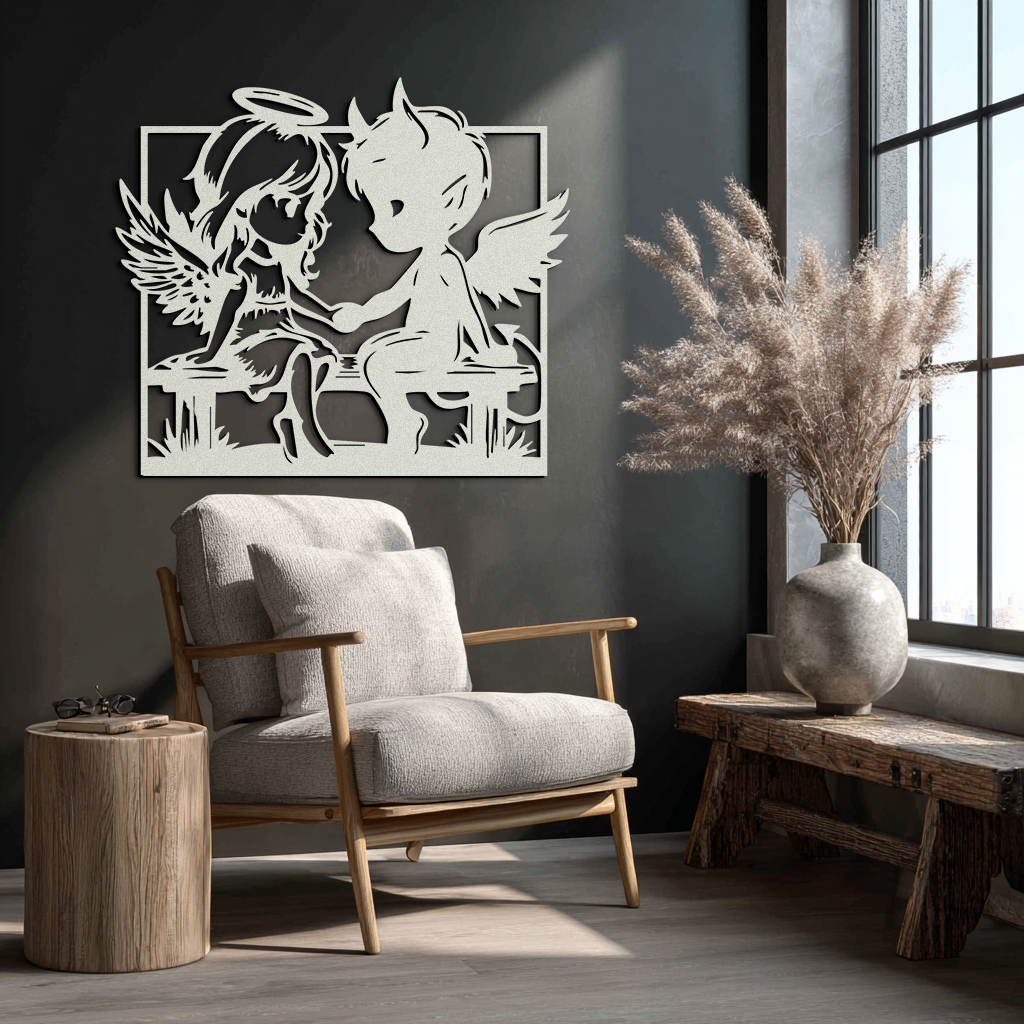 Angel and Devil Holding Hands Metal Wall Art – Whimsical Love Contrast Silhouette- KAF591