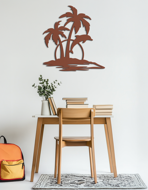 Load image into Gallery viewer, Tropical Dolphin and Palm Tree Metal Wall Art – Sunset Island Scene Coastal Decor- KAF598