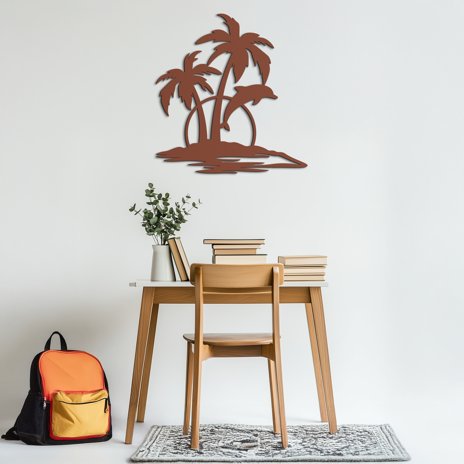Tropical Dolphin and Palm Tree Metal Wall Art – Sunset Island Scene Coastal Decor- KAF598