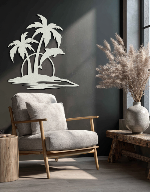 Load image into Gallery viewer, Tropical Dolphin and Palm Tree Metal Wall Art – Sunset Island Scene Coastal Decor- KAF598