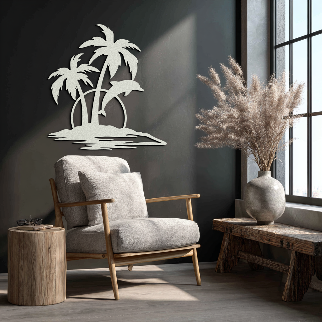 Tropical Dolphin and Palm Tree Metal Wall Art – Sunset Island Scene Coastal Decor- KAF598