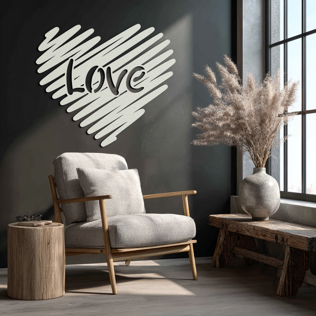 Love Heart Scribble Metal Wall Art – Romantic Handwritten Typography Home Decor- KAF599