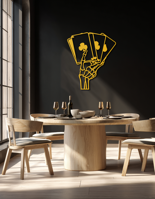 Load image into Gallery viewer, Skeleton Hand Holding Playing Cards Metal Wall Art – Gothic Poker Room Decor-KAF614