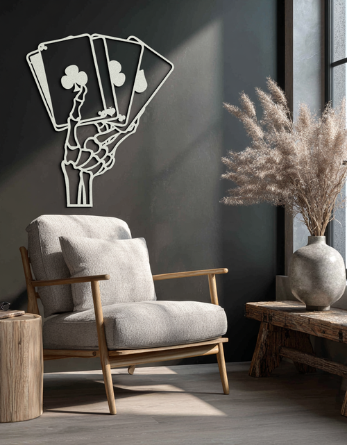 Load image into Gallery viewer, Skeleton Hand Holding Playing Cards Metal Wall Art – Gothic Poker Room Decor-KAF614