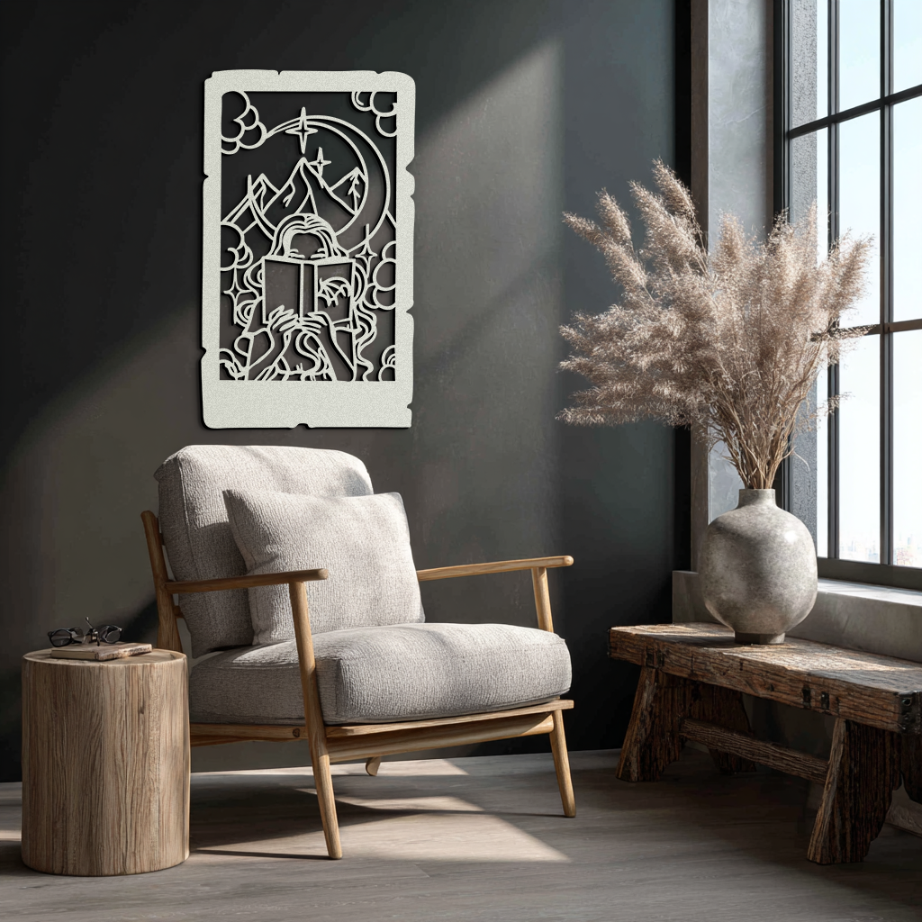 Reading Lady Metal Wall Art – Book Lover Silhouette with Moon and Mountains-KAF616