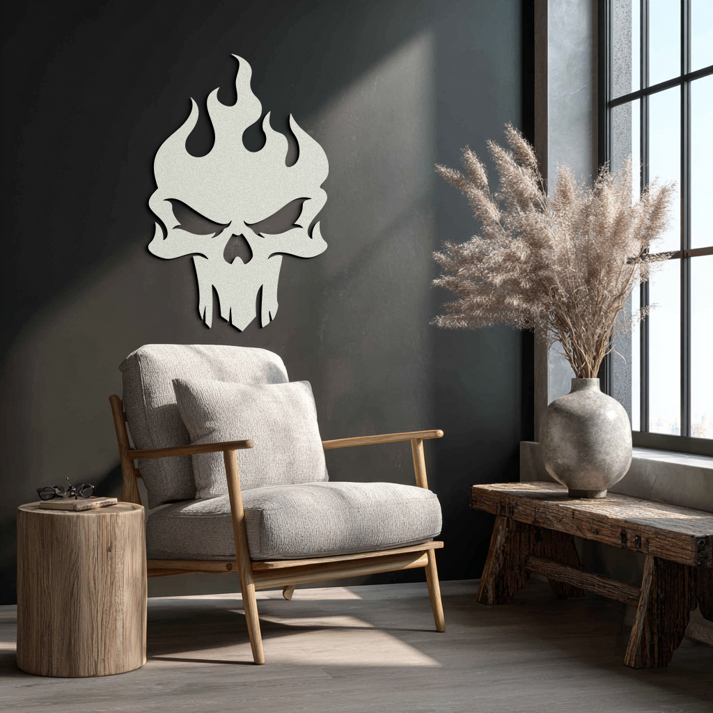 Flaming Skull Metal Wall Art – Bold Gothic Flame Skull Design- KAF623