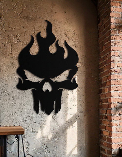 Load image into Gallery viewer, Flaming Skull Metal Wall Art – Bold Gothic Flame Skull Design- KAF623
