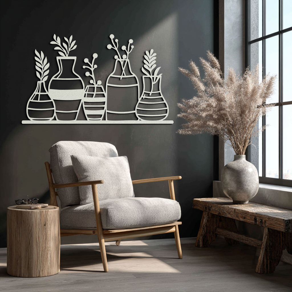 Modern Minimalist Vase Silhouette Metal Wall Art – Geometric Botanical Decor for Living Spaces- KAF631