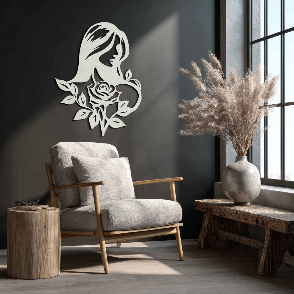 Woman and Rose Silhouette Metal Wall Art – Floral Line Art Metal Decor- KAF633