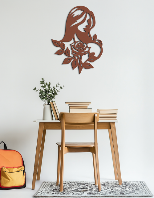 Load image into Gallery viewer, Woman and Rose Silhouette Metal Wall Art – Floral Line Art Metal Decor- KAF633