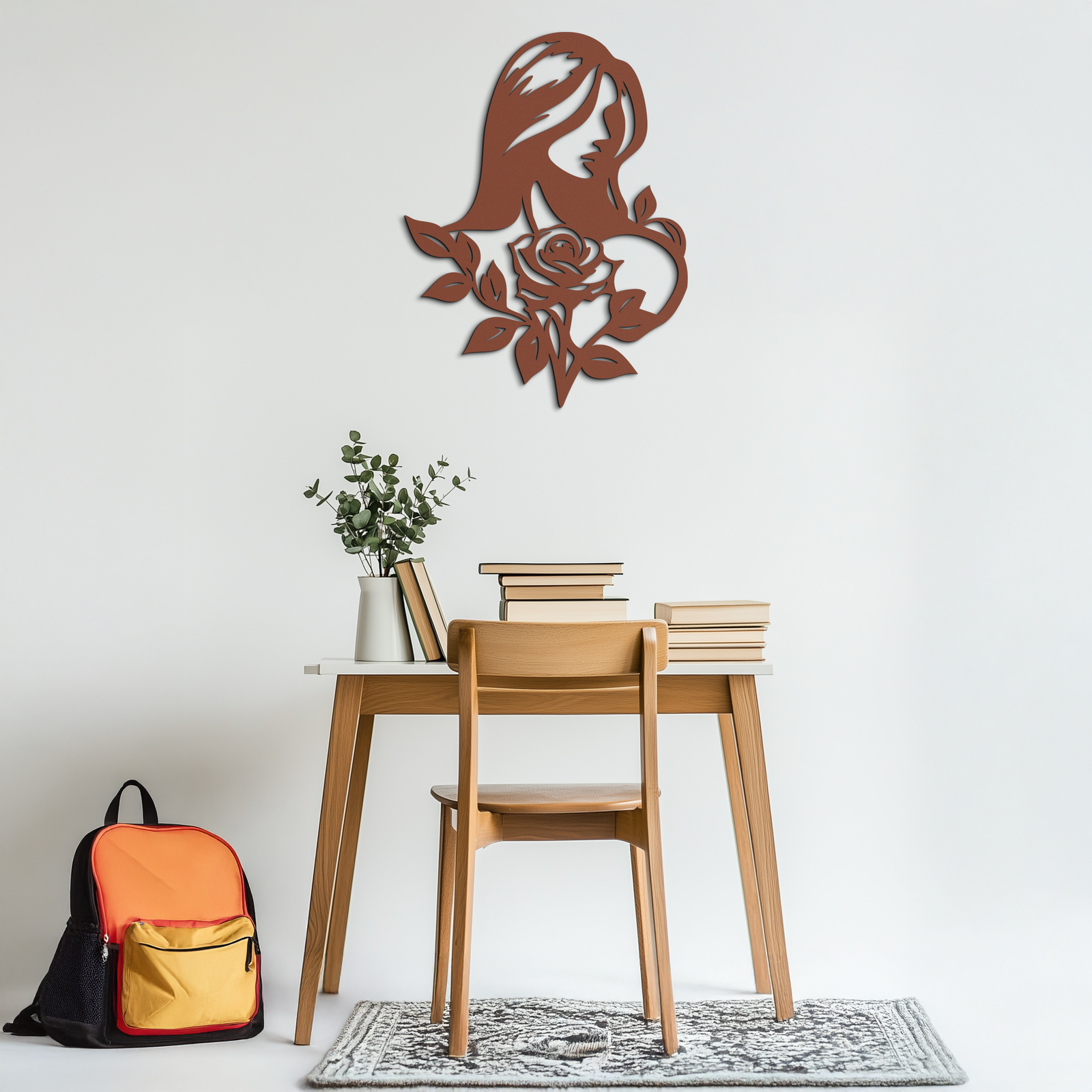 Woman and Rose Silhouette Metal Wall Art – Floral Line Art Metal Decor- KAF633