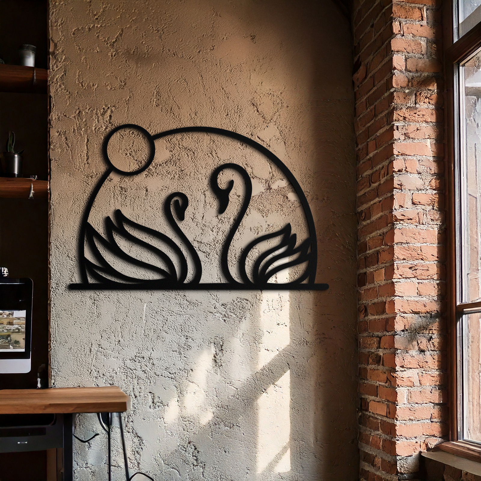 Elegant Swan Couple Silhouette Metal Wall Art – Romantic Bird Design for Home Decor- KAF634