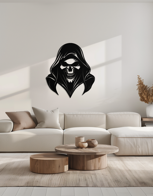 Load image into Gallery viewer, Grim Reaper Hooded Skull Metal Wall Art – Dark Gothic Horror Silhouette Design- KAF637