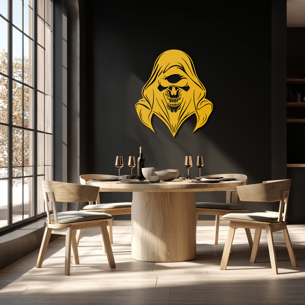 Grim Reaper Hooded Skull Metal Wall Art – Dark Gothic Horror Silhouette Design- KAF637