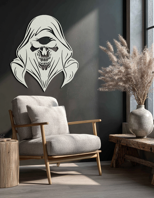 Load image into Gallery viewer, Grim Reaper Hooded Skull Metal Wall Art – Dark Gothic Horror Silhouette Design- KAF637