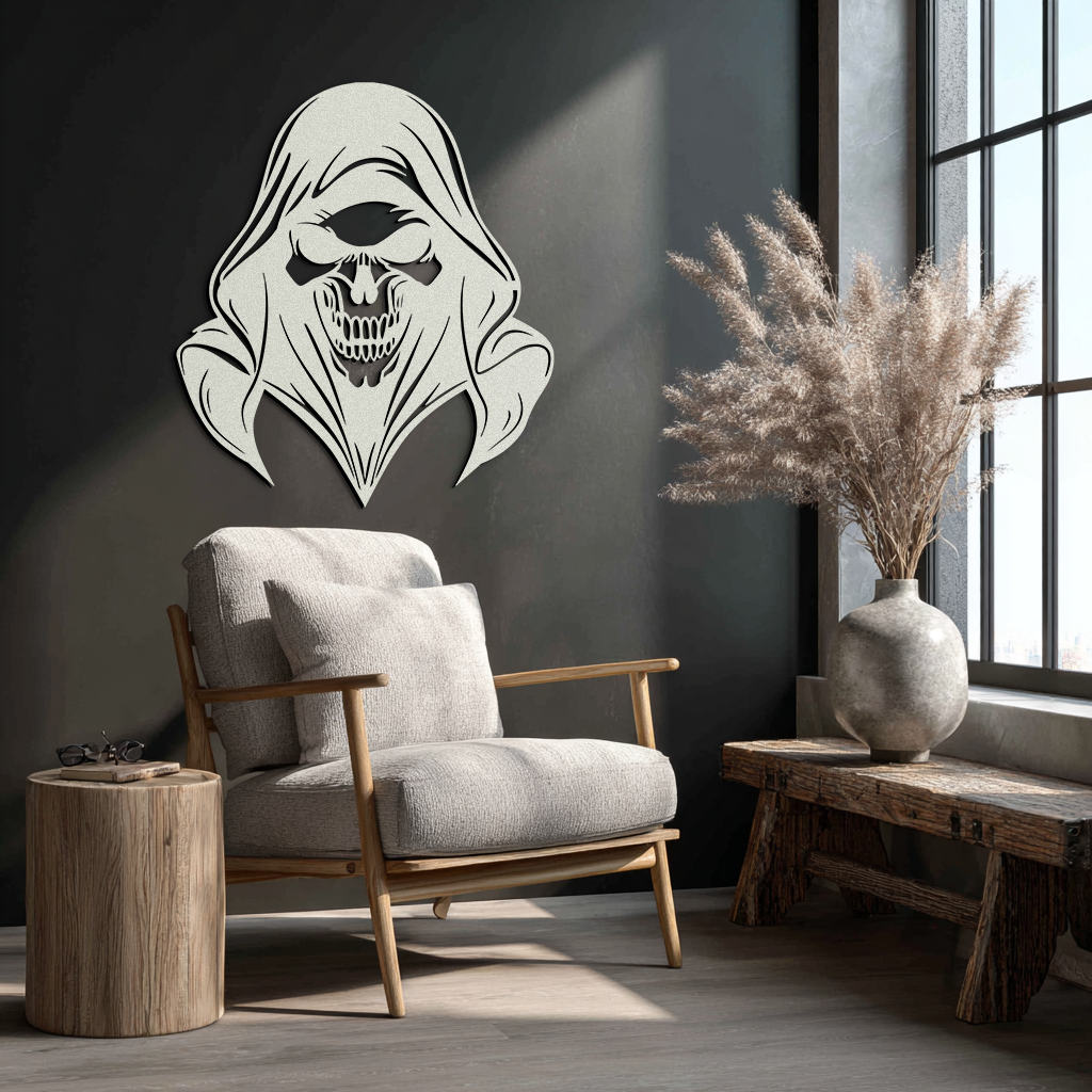 Grim Reaper Hooded Skull Metal Wall Art – Dark Gothic Horror Silhouette Design- KAF637