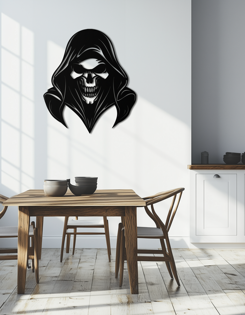 Load image into Gallery viewer, Grim Reaper Hooded Skull Metal Wall Art – Dark Gothic Horror Silhouette Design- KAF637