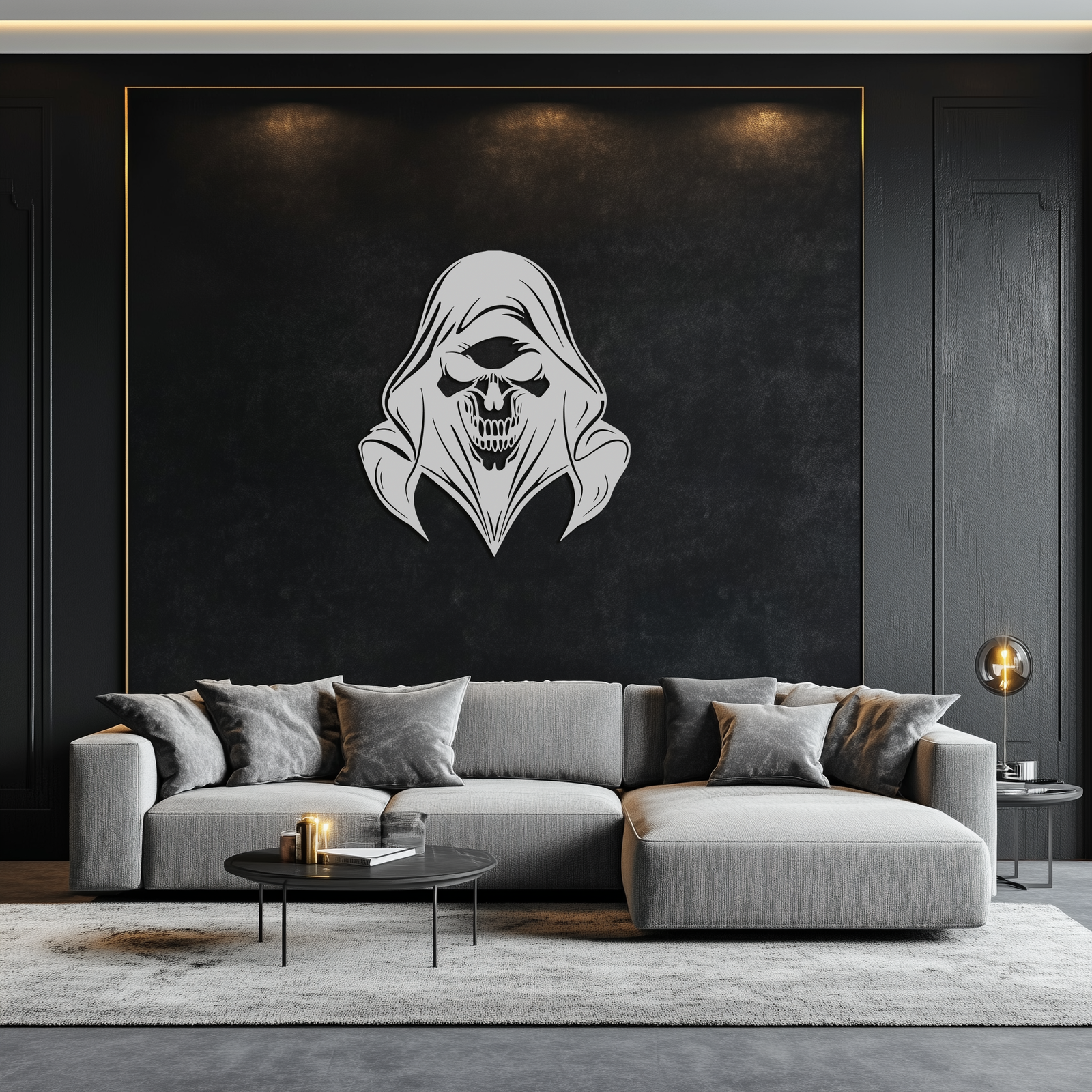 Grim Reaper Hooded Skull Metal Wall Art – Dark Gothic Horror Silhouette Design- KAF637